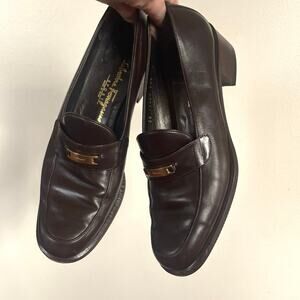 Ferragamo Sport Brown Leather Hardware Loafers Block Heel 9B Italy